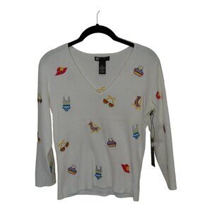 NWT Carole Little White Pullover‎ Summer Sweater with Embroidery Sz S
